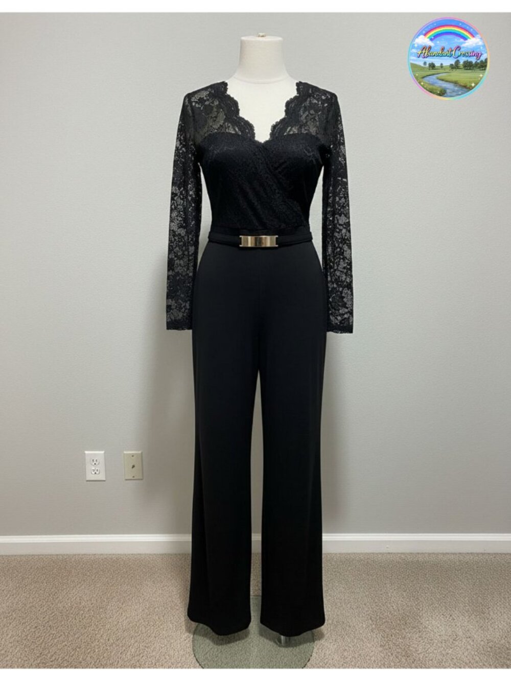 Women's Lace V-Neck Long Sleeve Straight Leg Jumpsuit with Belt